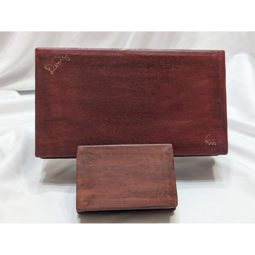 Vintage Signed Leather/Faux Box Set, Hand Tooled Brazilian Storage Boxes